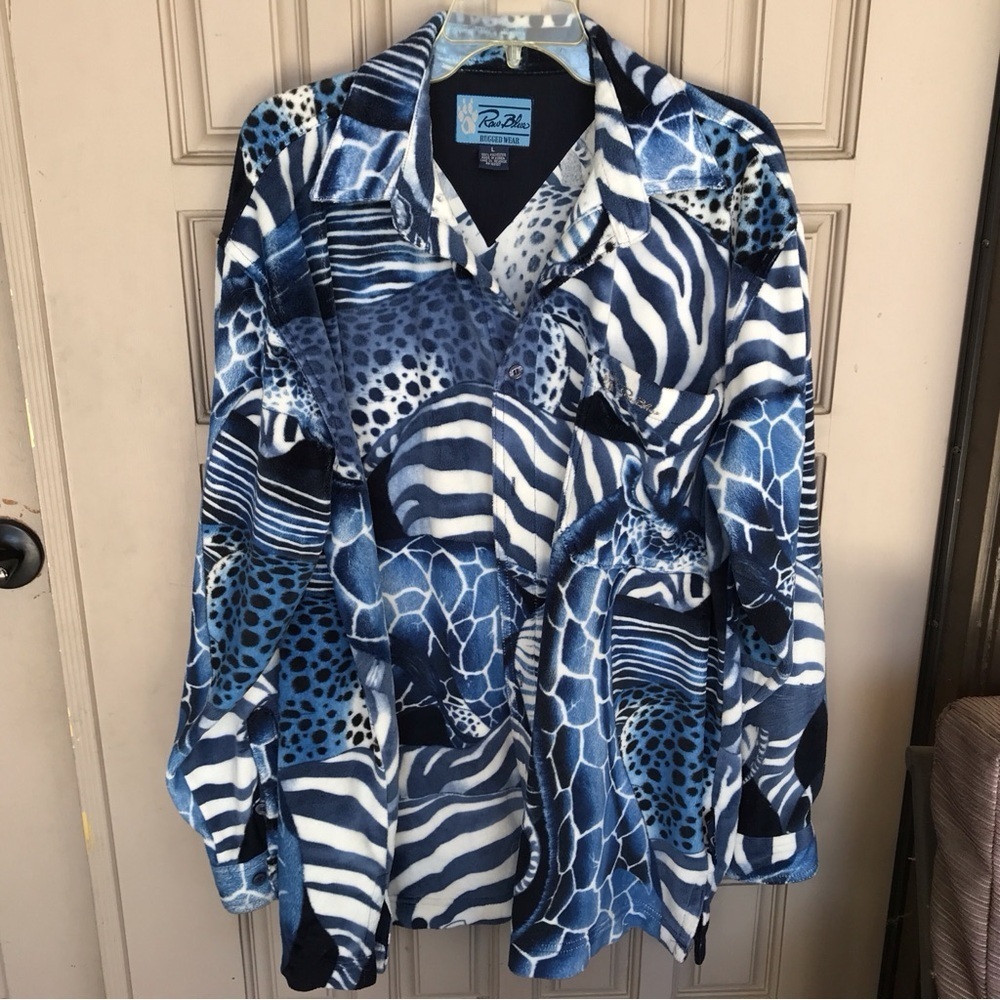 Raw Blue Rugged Wear Fleecey Shirt SzL Collar/Cuffs Animal Print Blue